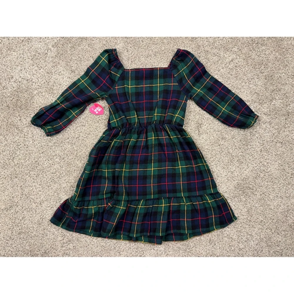 The Children's Place Girls Green Plaid Tartan Ruffle Hem Holiday Dress‎ Size 5/6